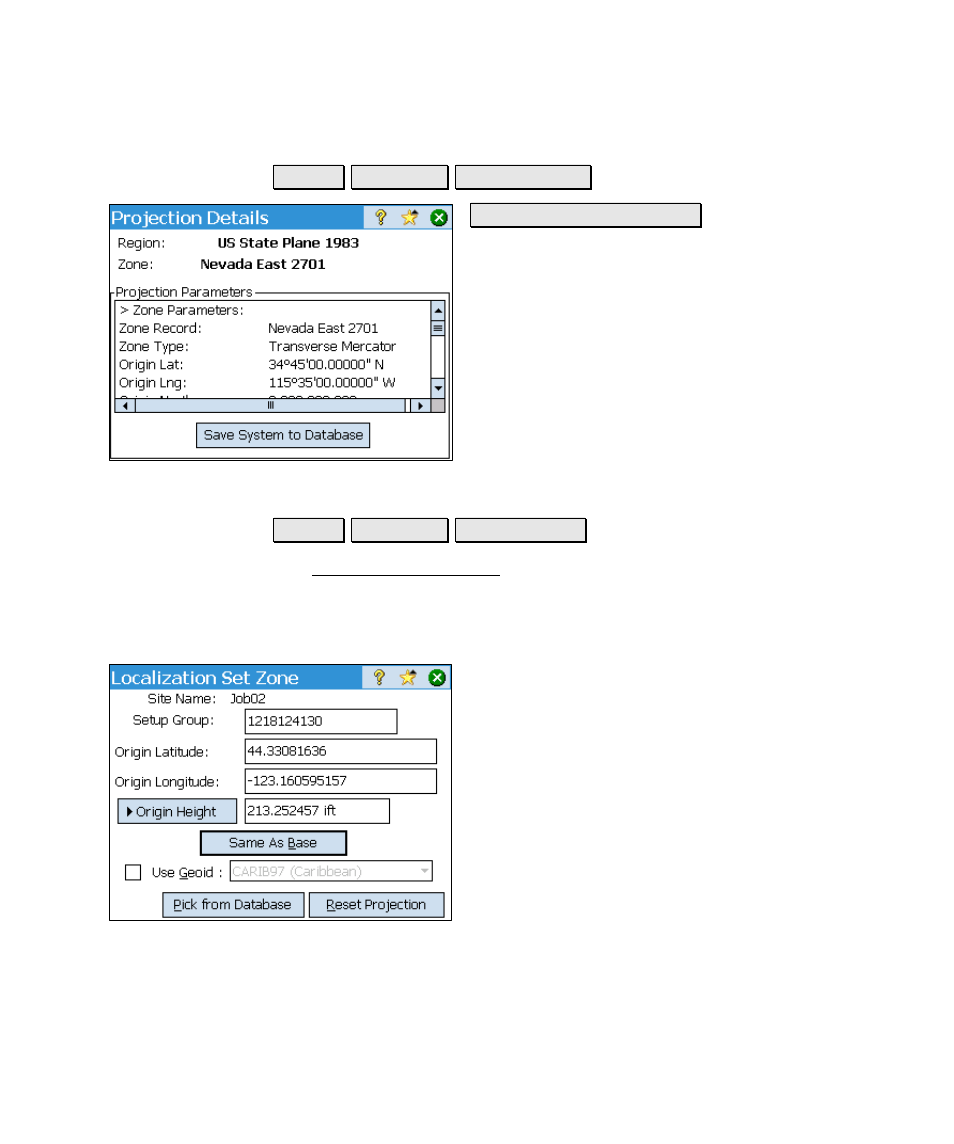 Projection details, Localization set zone | Spectra Precision Survey Pro v4.6 Ranger Reference Manual User Manual | Page 219 / 480