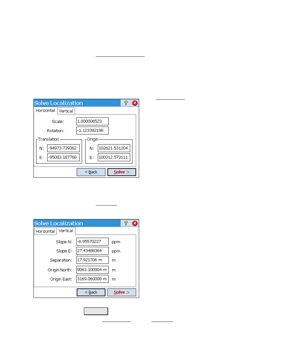 Solve localization – manual parameters, Horizontal card, Vertical card | Spectra Precision Survey Pro v4.6 Ranger Reference Manual User Manual | Page 225 / 480