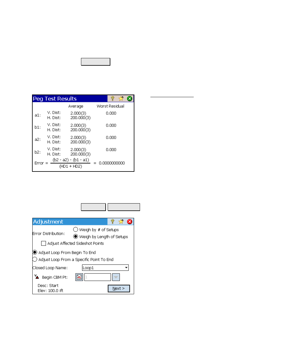 Peg test results, Adjustment | Spectra Precision Survey Pro v4.6 Ranger Reference Manual User Manual | Page 281 / 480