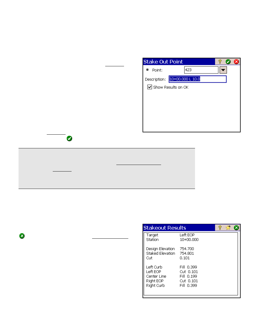 Offset staking – screen six, Offset staking – stakeout results | Spectra Precision Survey Pro v4.6 Ranger Reference Manual User Manual | Page 304 / 480