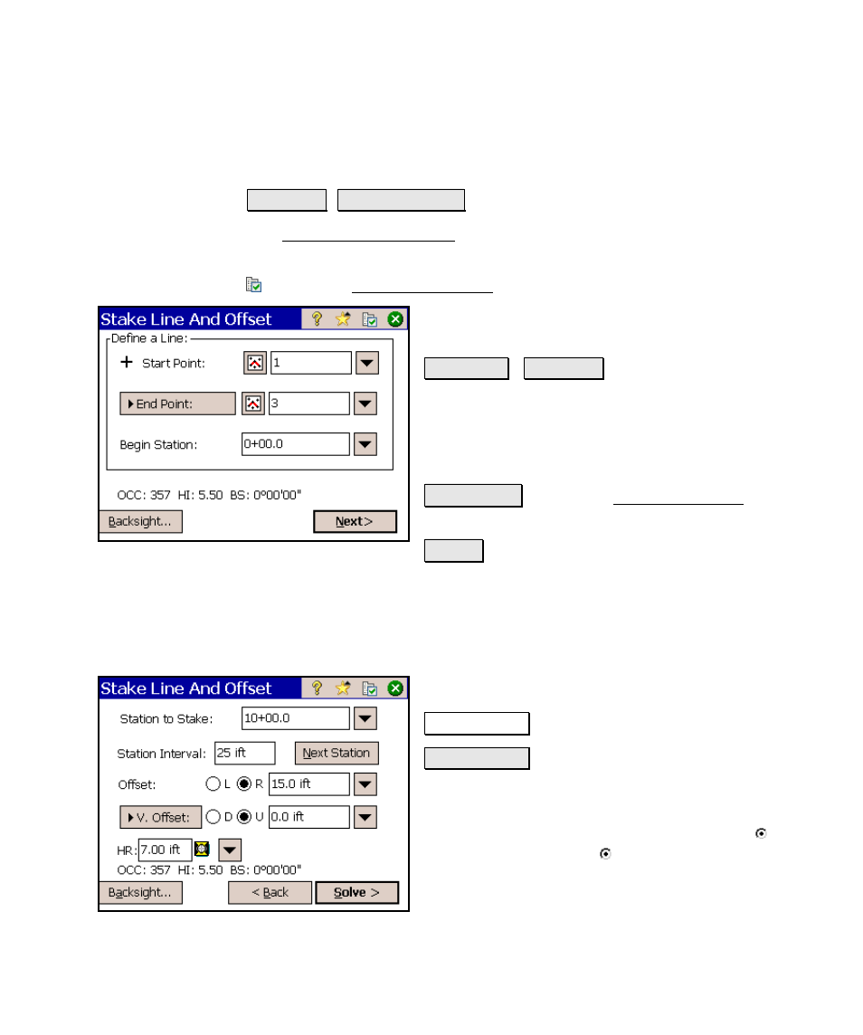 Stake line and offset, Stake line and offset – screen two | Spectra Precision Survey Pro v4.6 Ranger Reference Manual User Manual | Page 315 / 480