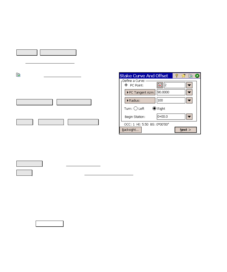Stake curve and offset, Curve and offset – screen two | Spectra Precision Survey Pro v4.6 Ranger Reference Manual User Manual | Page 318 / 480