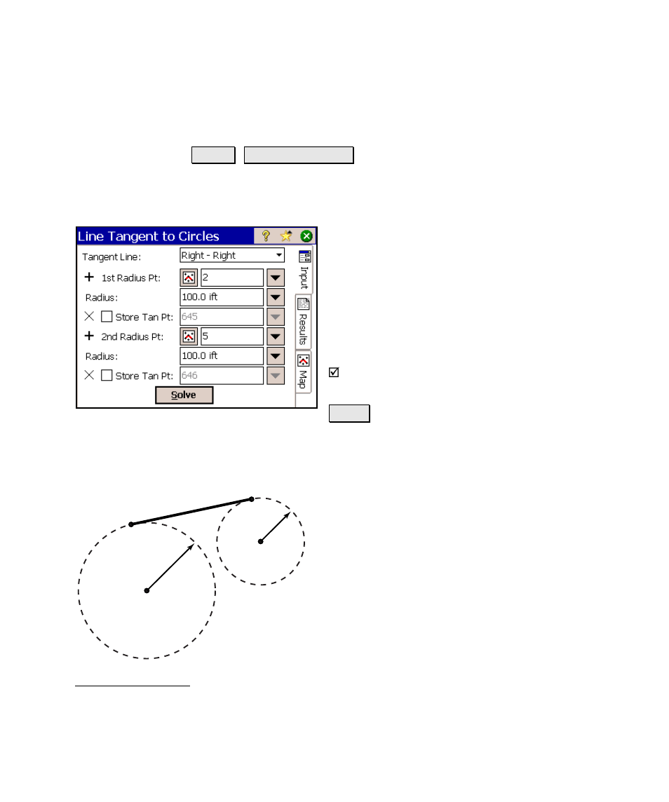 Line tangent to circle, Results | Spectra Precision Survey Pro v4.6 Ranger Reference Manual User Manual | Page 397 / 480