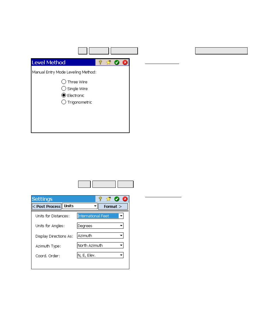 Units settings, Level method | Spectra Precision Survey Pro v4.6 Ranger Reference Manual User Manual | Page 49 / 480