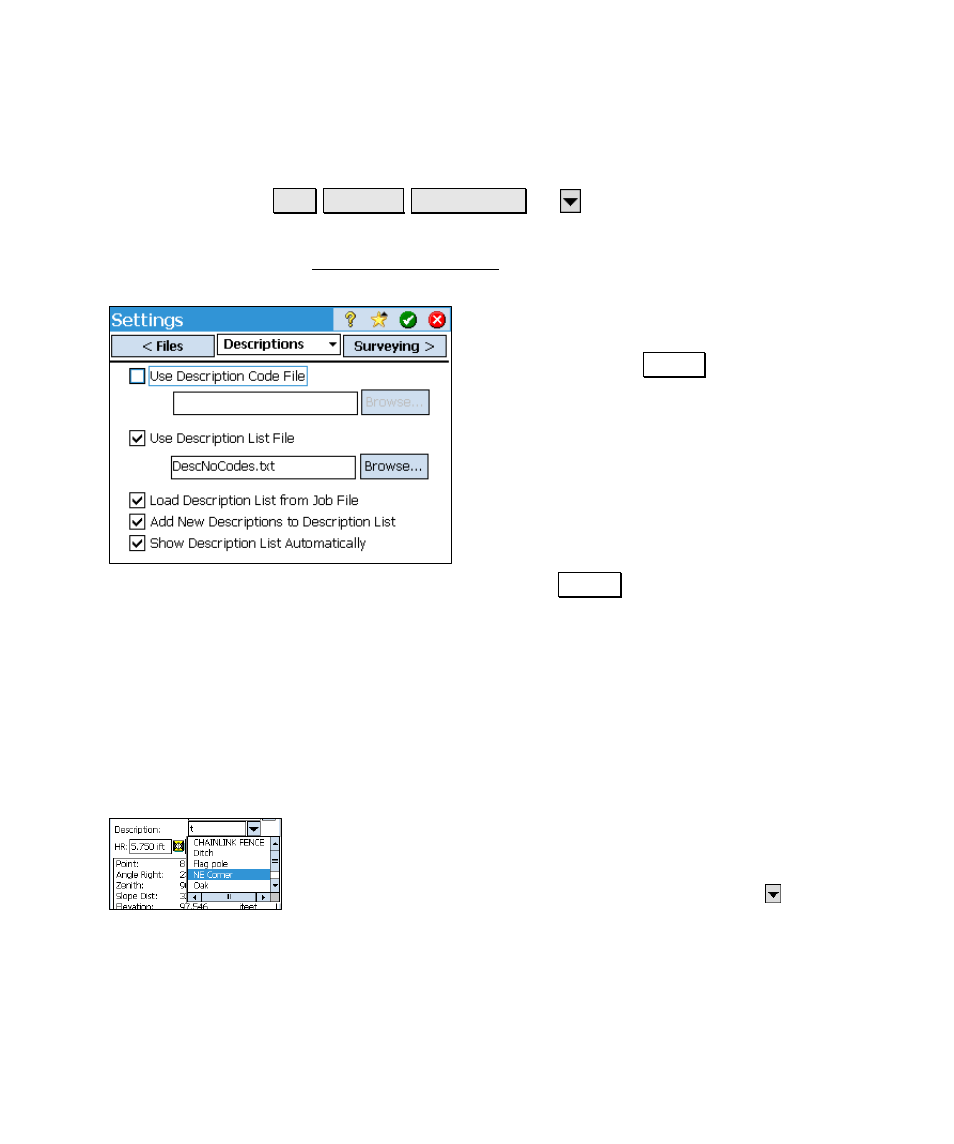 Descriptions settings | Spectra Precision Survey Pro v4.6 Ranger Reference Manual User Manual | Page 53 / 480