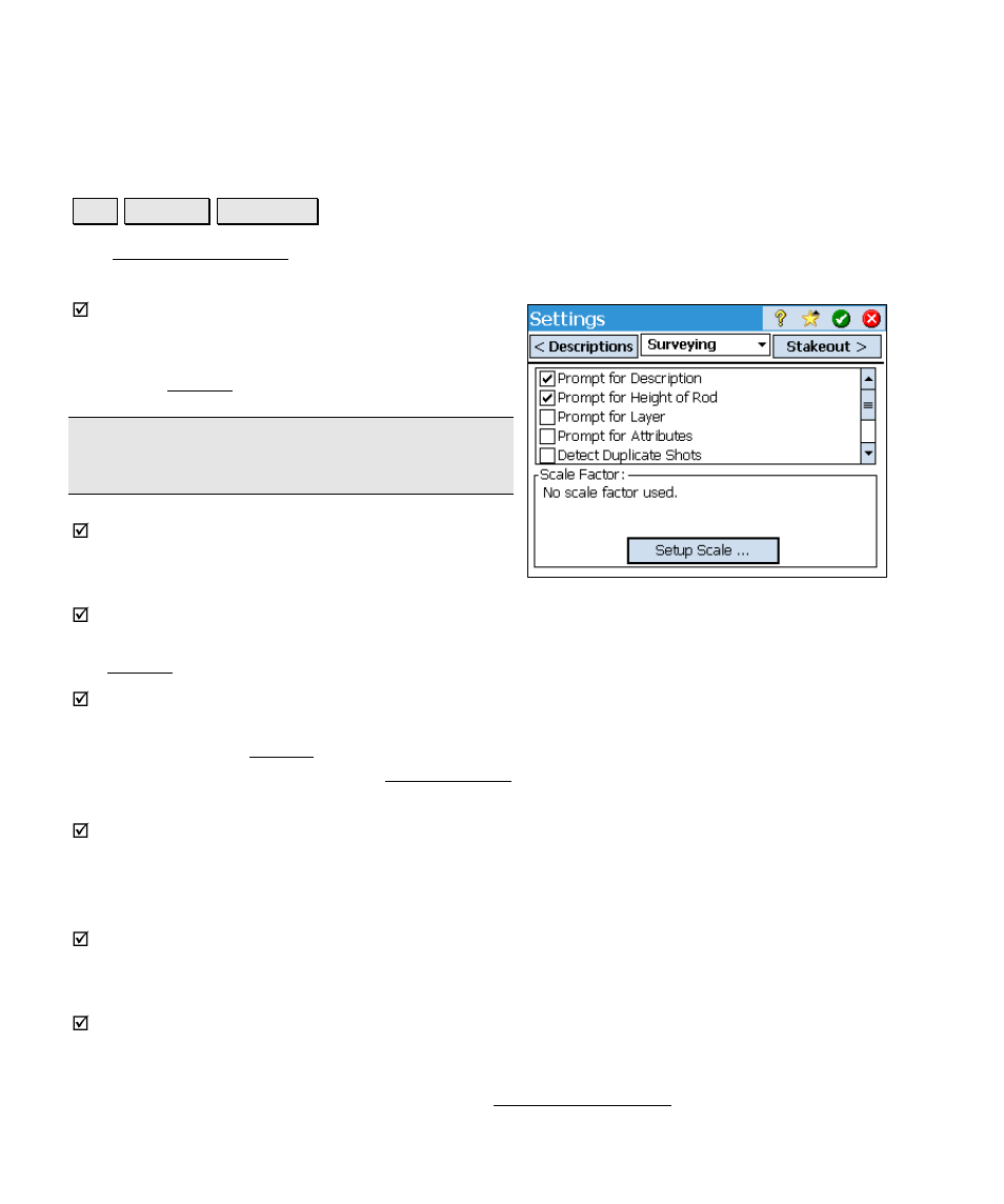 Surveying settings | Spectra Precision Survey Pro v4.6 Ranger Reference Manual User Manual | Page 54 / 480