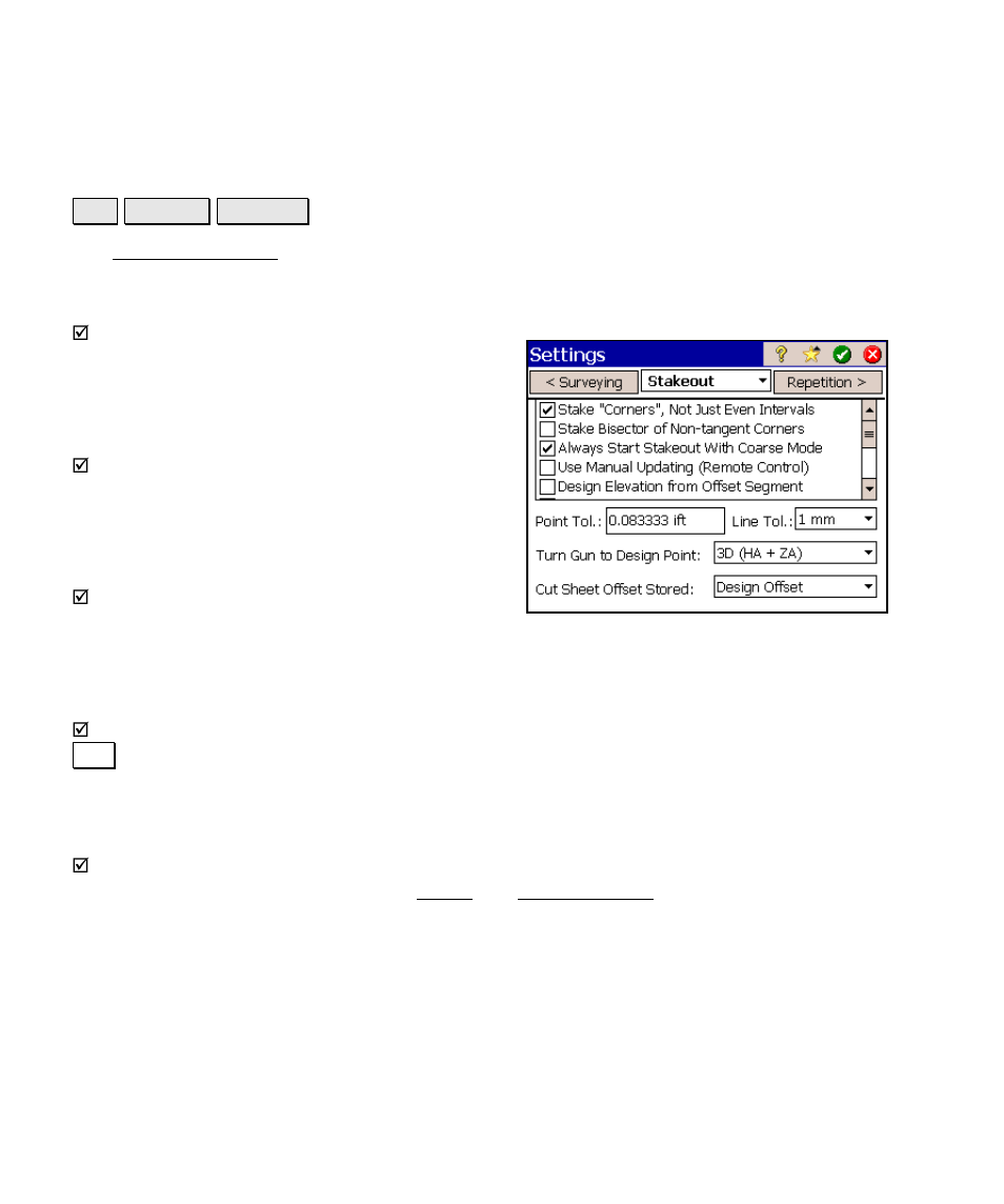 Stakeout settings | Spectra Precision Survey Pro v4.6 Ranger Reference Manual User Manual | Page 58 / 480