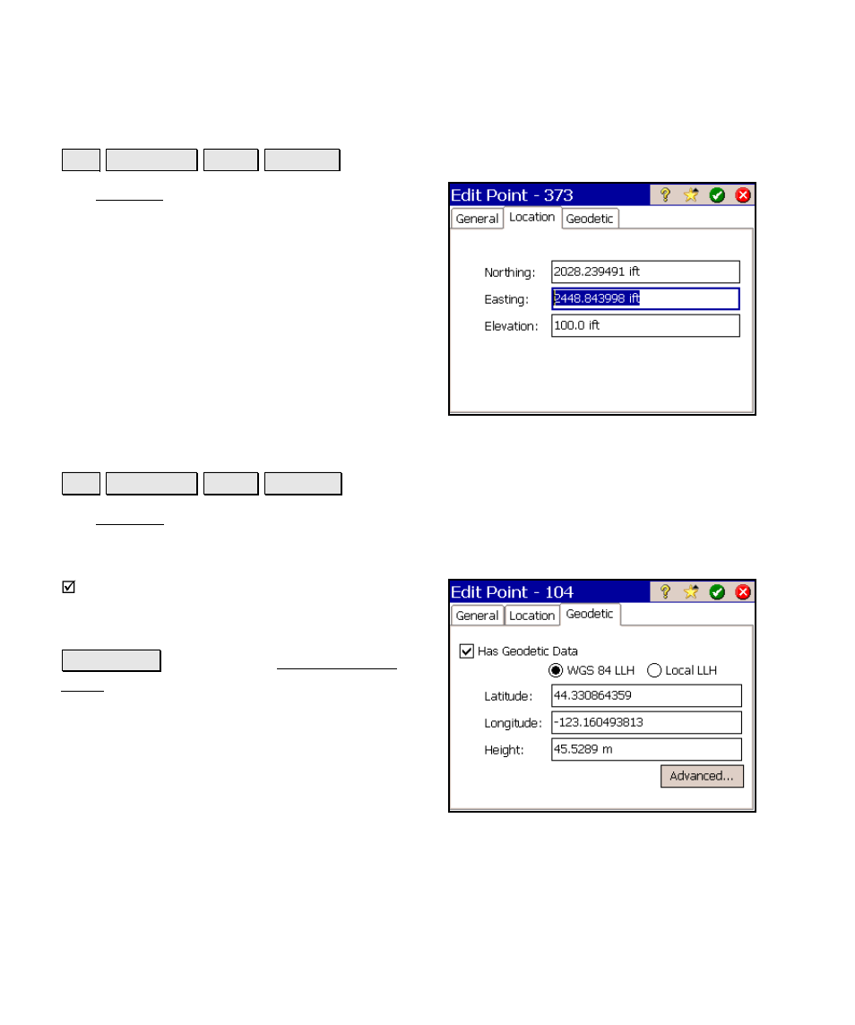 Edit point – location, Edit point – geodetic | Spectra Precision Survey Pro v4.6 Ranger Reference Manual User Manual | Page 72 / 480