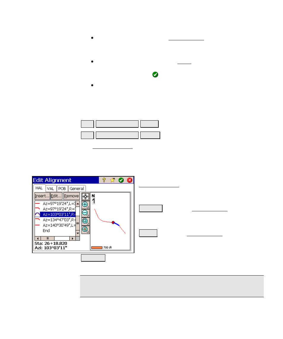 Edit alignment, Edit alignment screen – hal tab | Spectra Precision Survey Pro v4.6 Ranger Reference Manual User Manual | Page 79 / 480