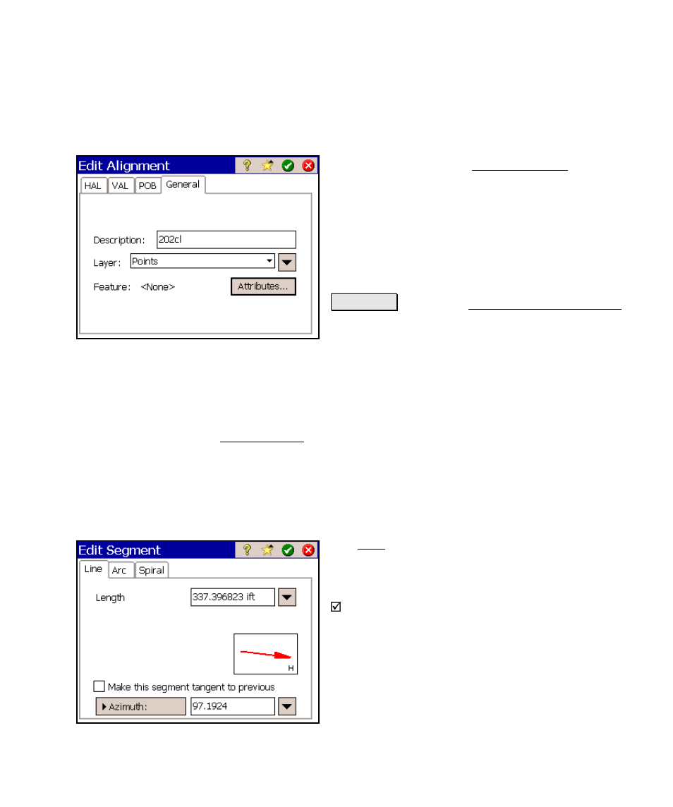 Edit segment, Edit alignment screen – general tab, Edit segment – line card | Spectra Precision Survey Pro v4.6 Ranger Reference Manual User Manual | Page 81 / 480
