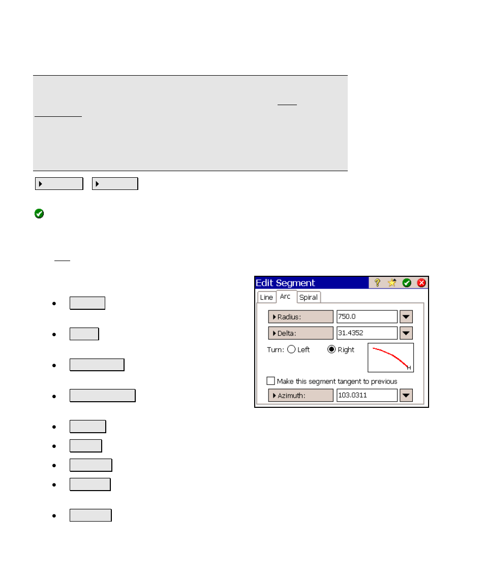 Edit segment – arc (horizontal curve) card | Spectra Precision Survey Pro v4.6 Ranger Reference Manual User Manual | Page 82 / 480