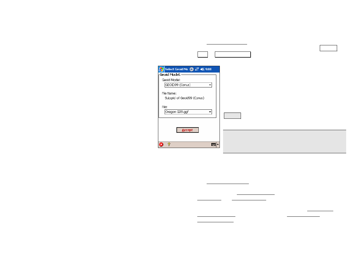 Select geoid model, Connect to receiver | Spectra Precision Survey Pro v4.5 Recon and Nomad Reference Manual User Manual | Page 185 / 469