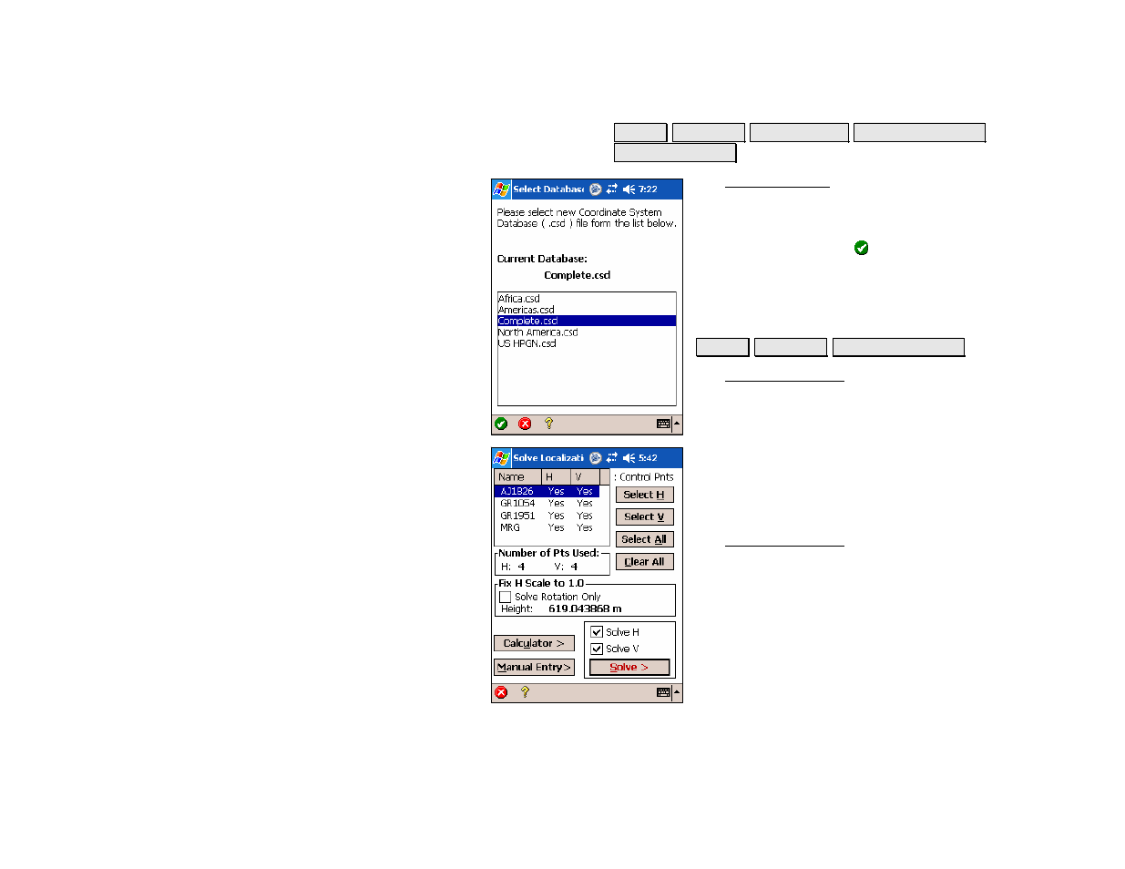 Solve localization, 205), wh, Select database | Solve localization – control points | Spectra Precision Survey Pro v4.5 Recon and Nomad Reference Manual User Manual | Page 213 / 469