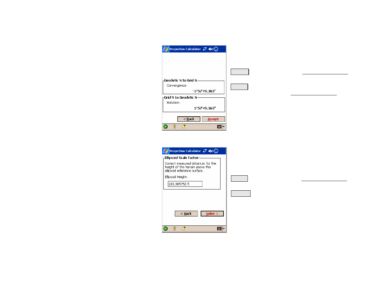 Projection calculator – rotation, Projection calculator – scale – height correction | Spectra Precision Survey Pro v4.5 Recon and Nomad Reference Manual User Manual | Page 245 / 469