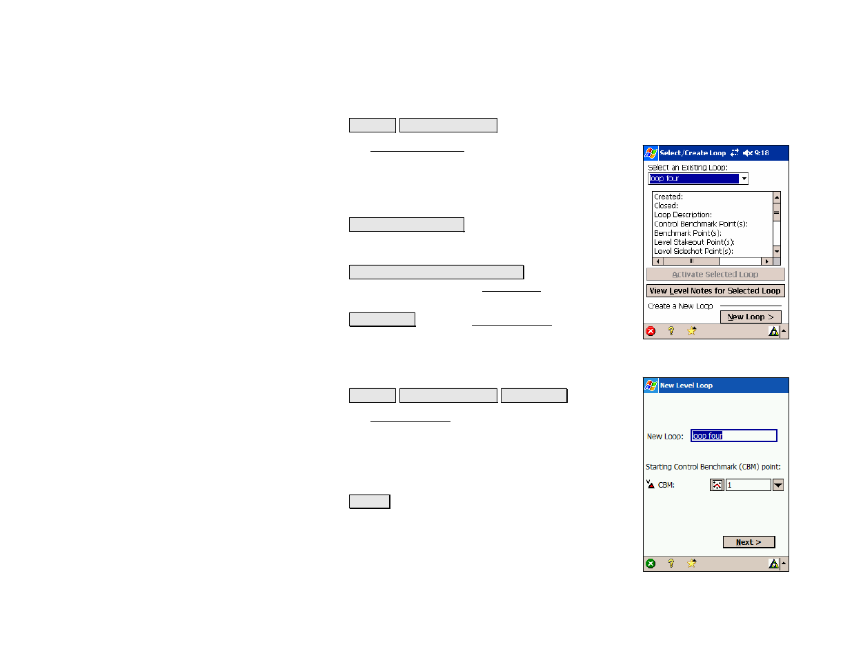 Select/create loop, New level loop | Spectra Precision Survey Pro v4.5 Recon and Nomad Reference Manual User Manual | Page 264 / 469