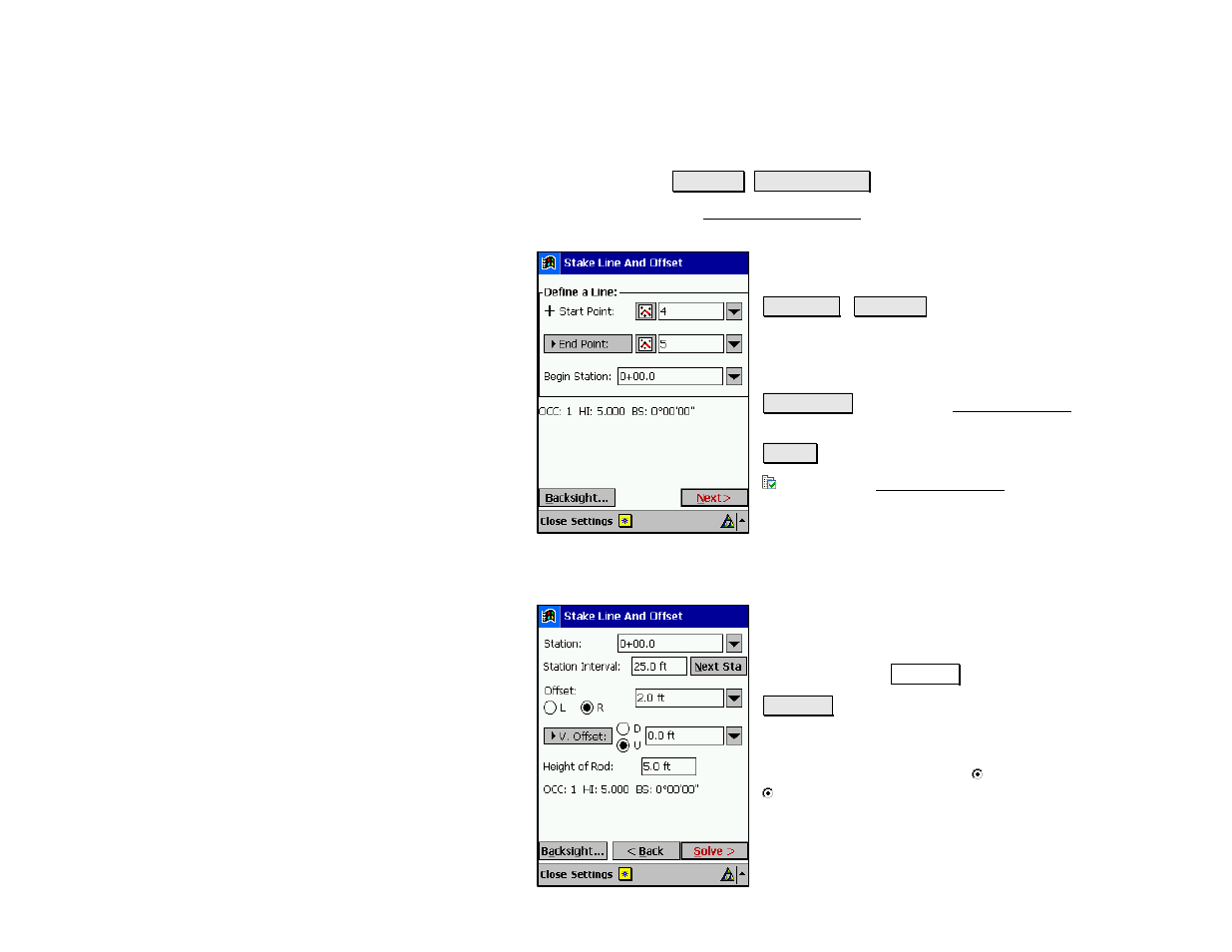 Stake line and offset, Stake line and offset – screen two | Spectra Precision Survey Pro v4.5 Recon and Nomad Reference Manual User Manual | Page 307 / 469
