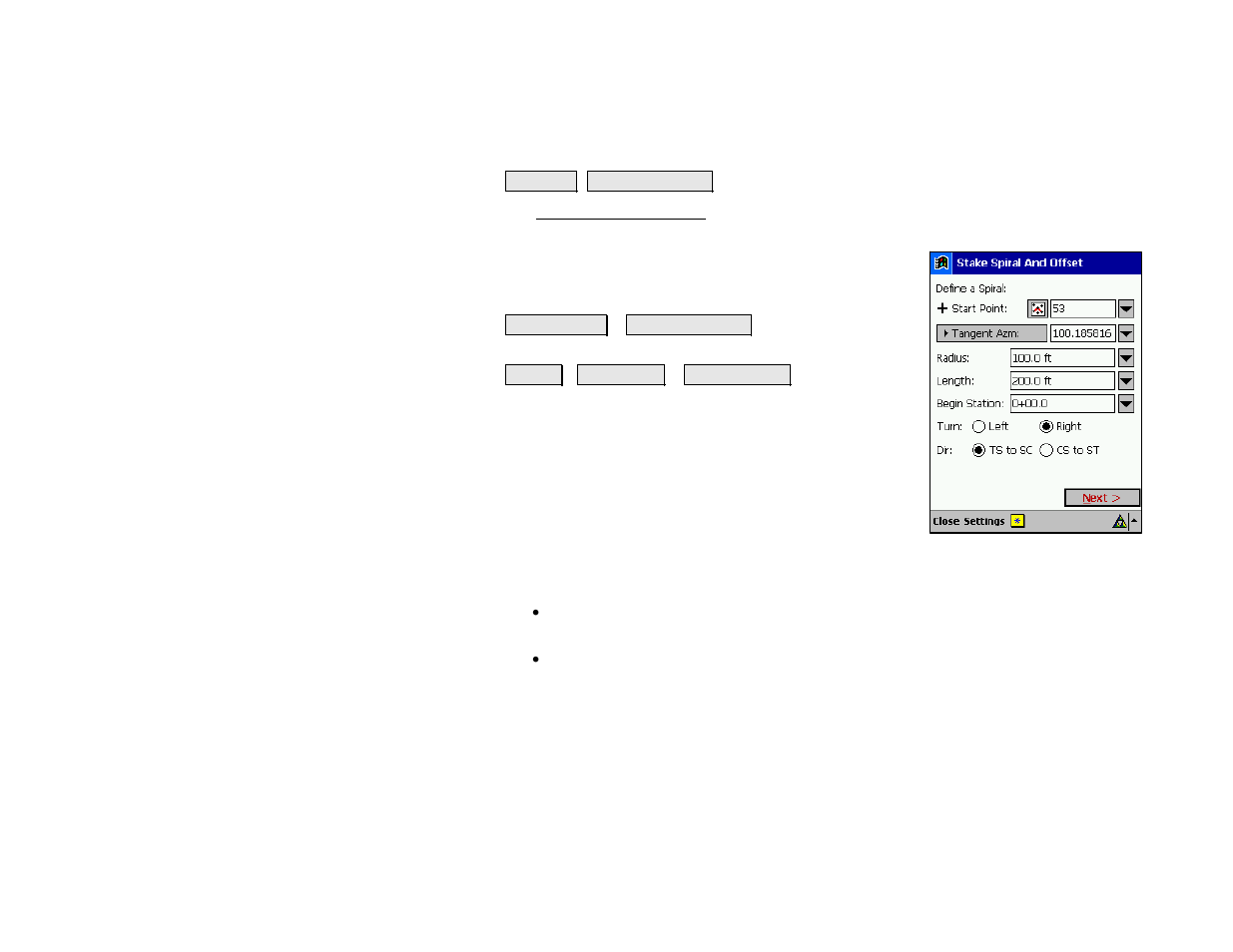 Stake spiral and offset | Spectra Precision Survey Pro v4.5 Recon and Nomad Reference Manual User Manual | Page 314 / 469
