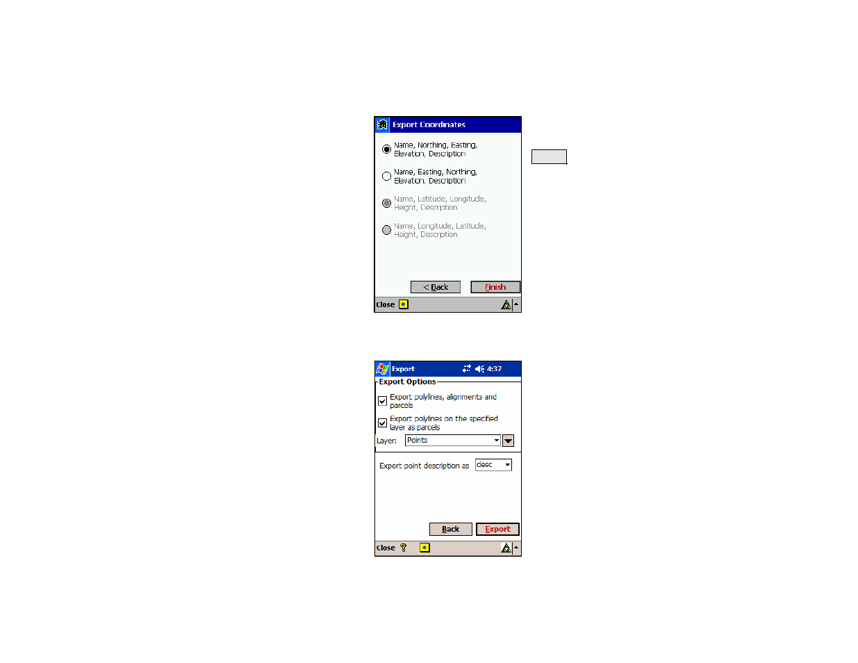 Export *.txt coordinates – screen two, Export *.csv coordinates, Export landxml (.xml) file | Spectra Precision Survey Pro v4.5 Recon and Nomad Reference Manual User Manual | Page 33 / 469