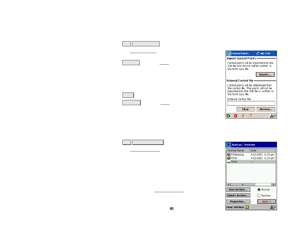Import control points, Backup / restore job, Import control points backup / restore job | Spectra Precision Survey Pro v4.5 Recon and Nomad Reference Manual User Manual | Page 34 / 469