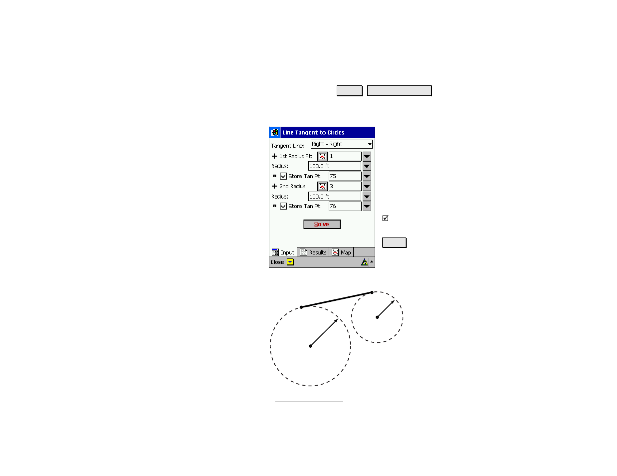 Line tangent to circles, Results, Curve layout | Spectra Precision Survey Pro v4.5 Recon and Nomad Reference Manual User Manual | Page 385 / 469