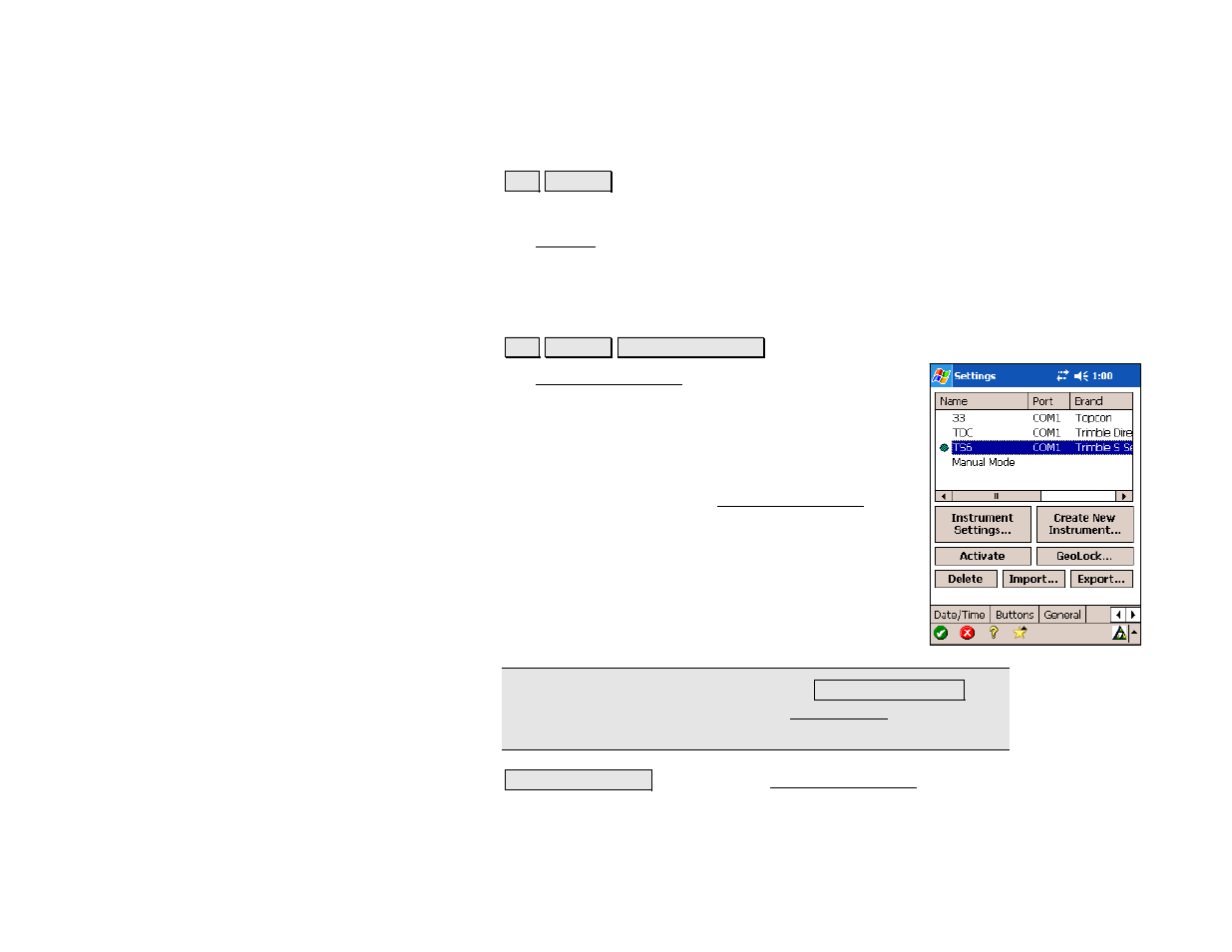 Settings, Instrument settings | Spectra Precision Survey Pro v4.5 Recon and Nomad Reference Manual User Manual | Page 44 / 469