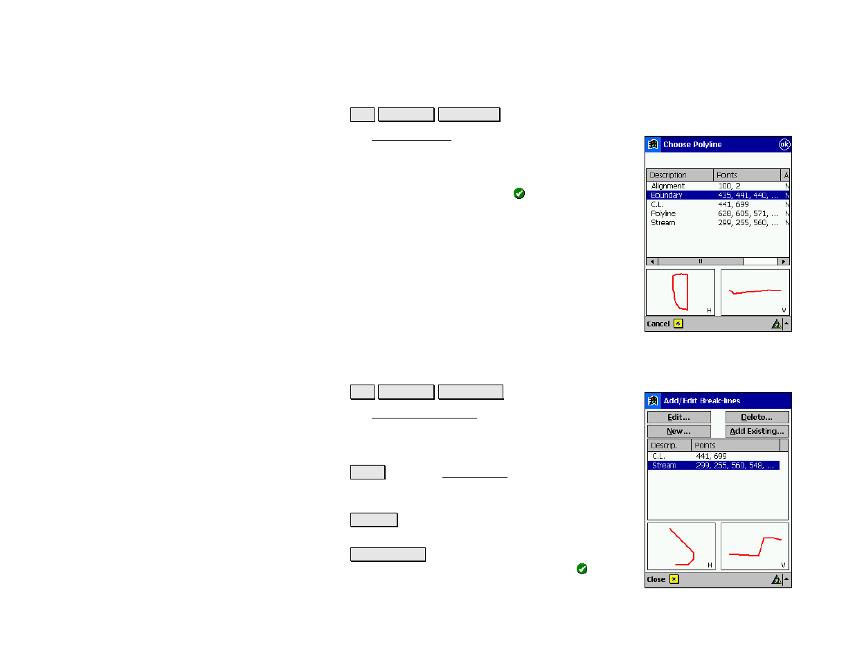 Choose polyline, Add/edit break-lines | Spectra Precision Survey Pro v4.5 Recon and Nomad Reference Manual User Manual | Page 88 / 469