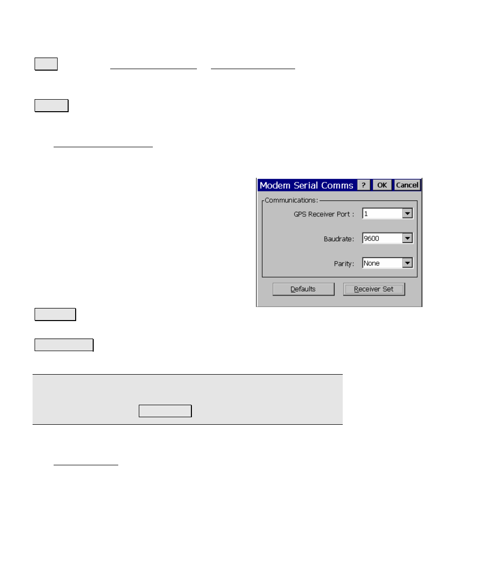 Displays the current setting, Modem serial comms screen, Radio settings screen | Spectra Precision Survey Pro v4.5 Ranger Reference Manual User Manual | Page 108 / 475