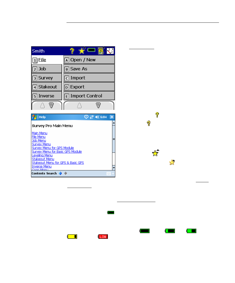 Main menu, Online help, Quick pick | Battery level | Spectra Precision Survey Pro v4.5 Ranger Reference Manual User Manual | Page 11 / 475