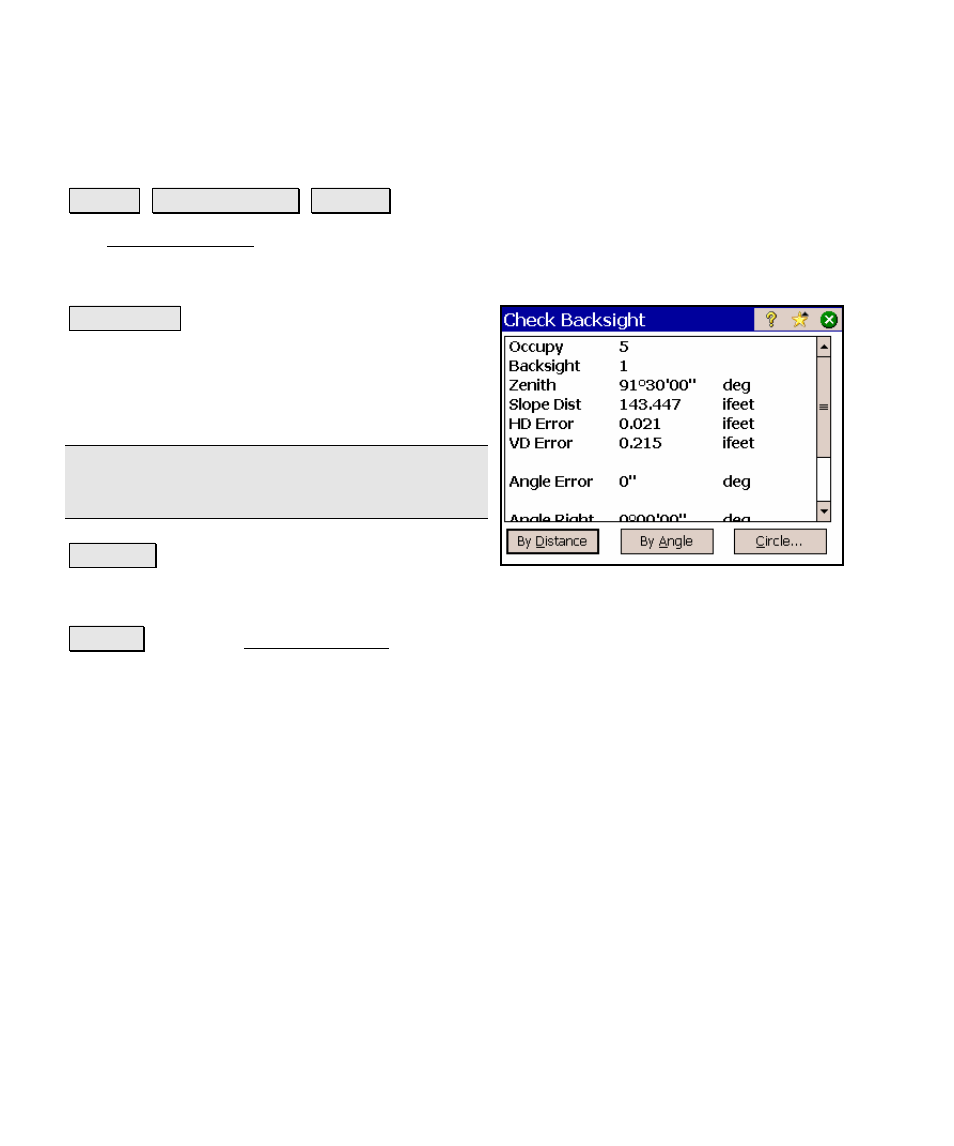 Check backsight, Check by distance results | Spectra Precision Survey Pro v4.5 Ranger Reference Manual User Manual | Page 130 / 475