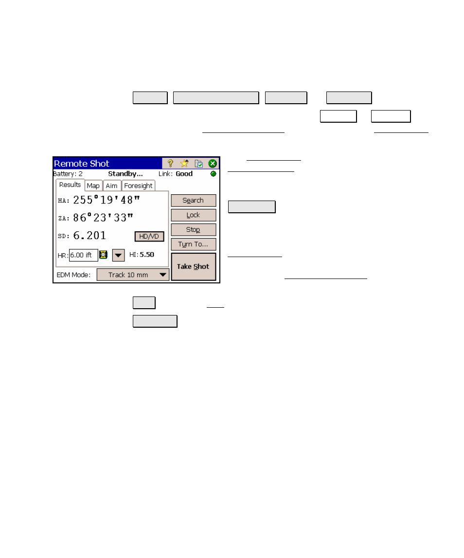 Remote shot (remote mode) | Spectra Precision Survey Pro v4.5 Ranger Reference Manual User Manual | Page 137 / 475