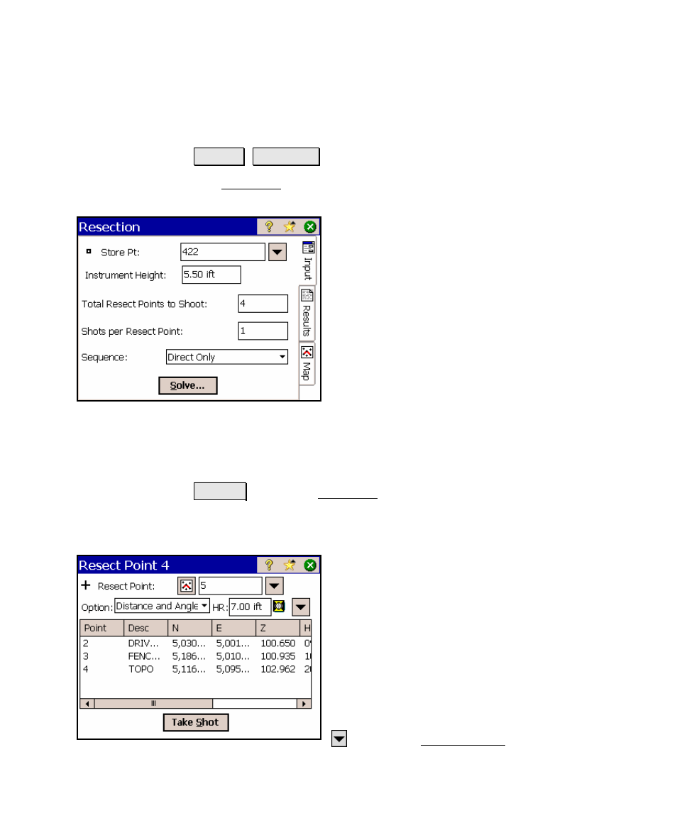 Resection, Resection – screen two, Radial sideshots | Spectra Precision Survey Pro v4.5 Ranger Reference Manual User Manual | Page 161 / 475