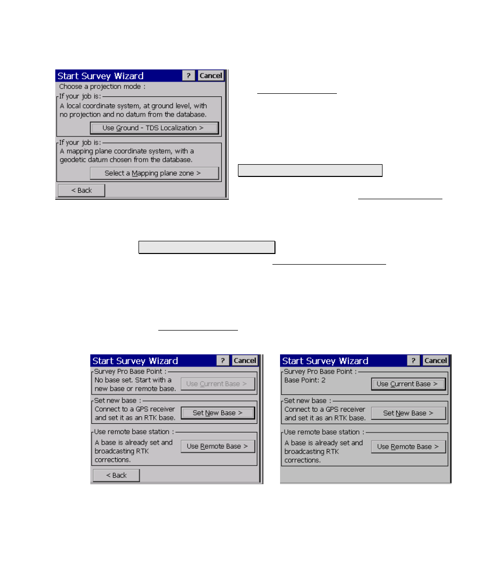 Choose projection mode, Choose base setup | Spectra Precision Survey Pro v4.5 Ranger Reference Manual User Manual | Page 187 / 475