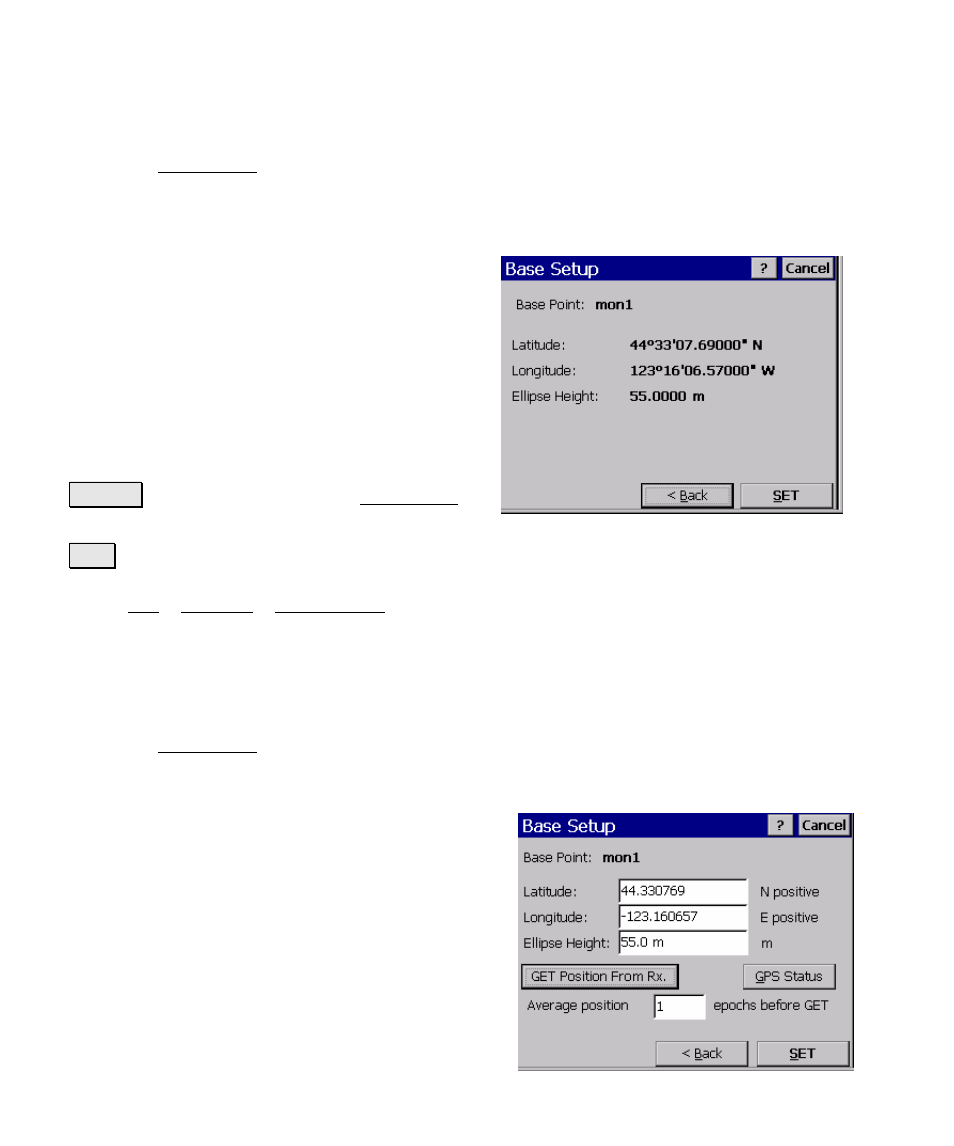 B ase setup two – set, Base setup two – get and set | Spectra Precision Survey Pro v4.5 Ranger Reference Manual User Manual | Page 194 / 475