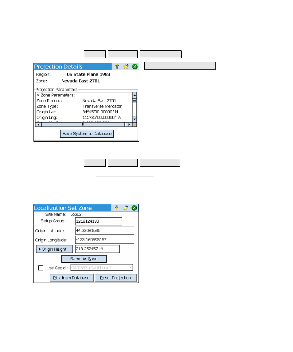 Projection details, Localization set zone | Spectra Precision Survey Pro v4.5 Ranger Reference Manual User Manual | Page 215 / 475