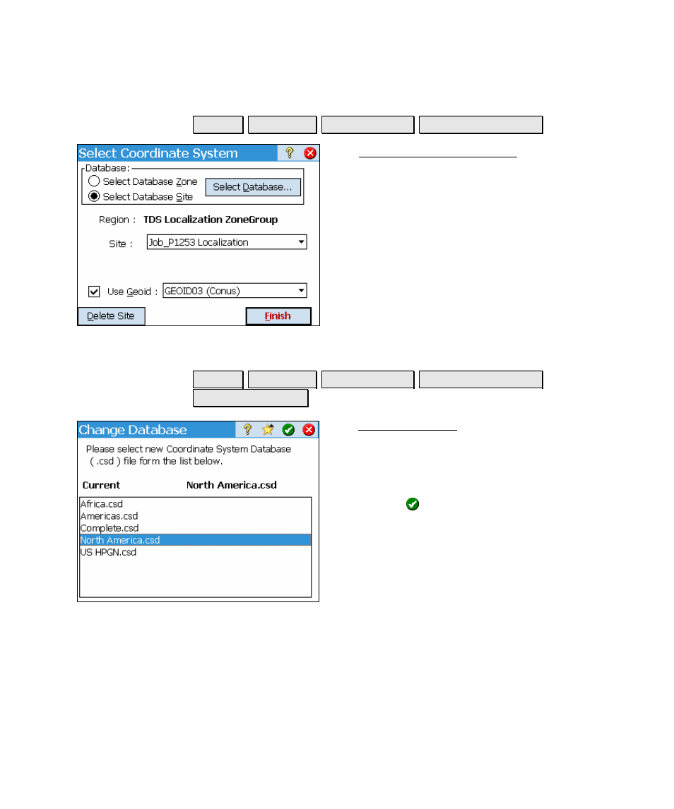 Select coordinate system, Select database | Spectra Precision Survey Pro v4.5 Ranger Reference Manual User Manual | Page 217 / 475