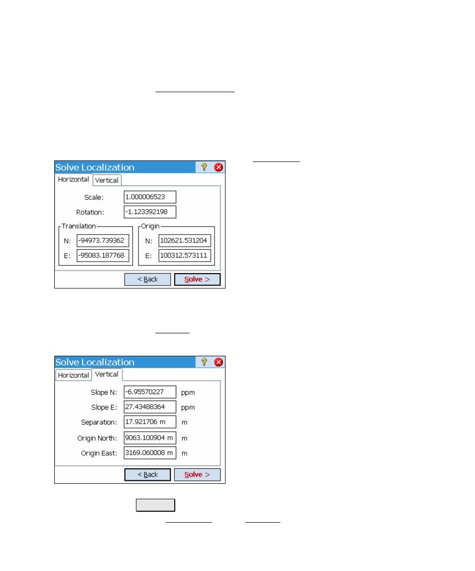 Solve localization – manual parameters, Horizontal card, Vertical card | Spectra Precision Survey Pro v4.5 Ranger Reference Manual User Manual | Page 221 / 475