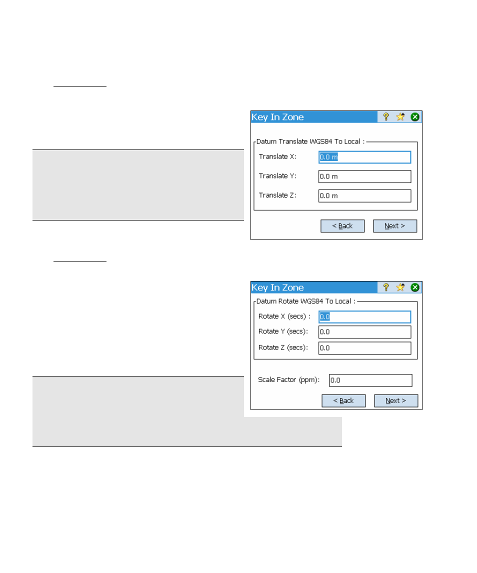 Key in zone - datum translation, Key in zone - datum rotation and scale | Spectra Precision Survey Pro v4.5 Ranger Reference Manual User Manual | Page 232 / 475