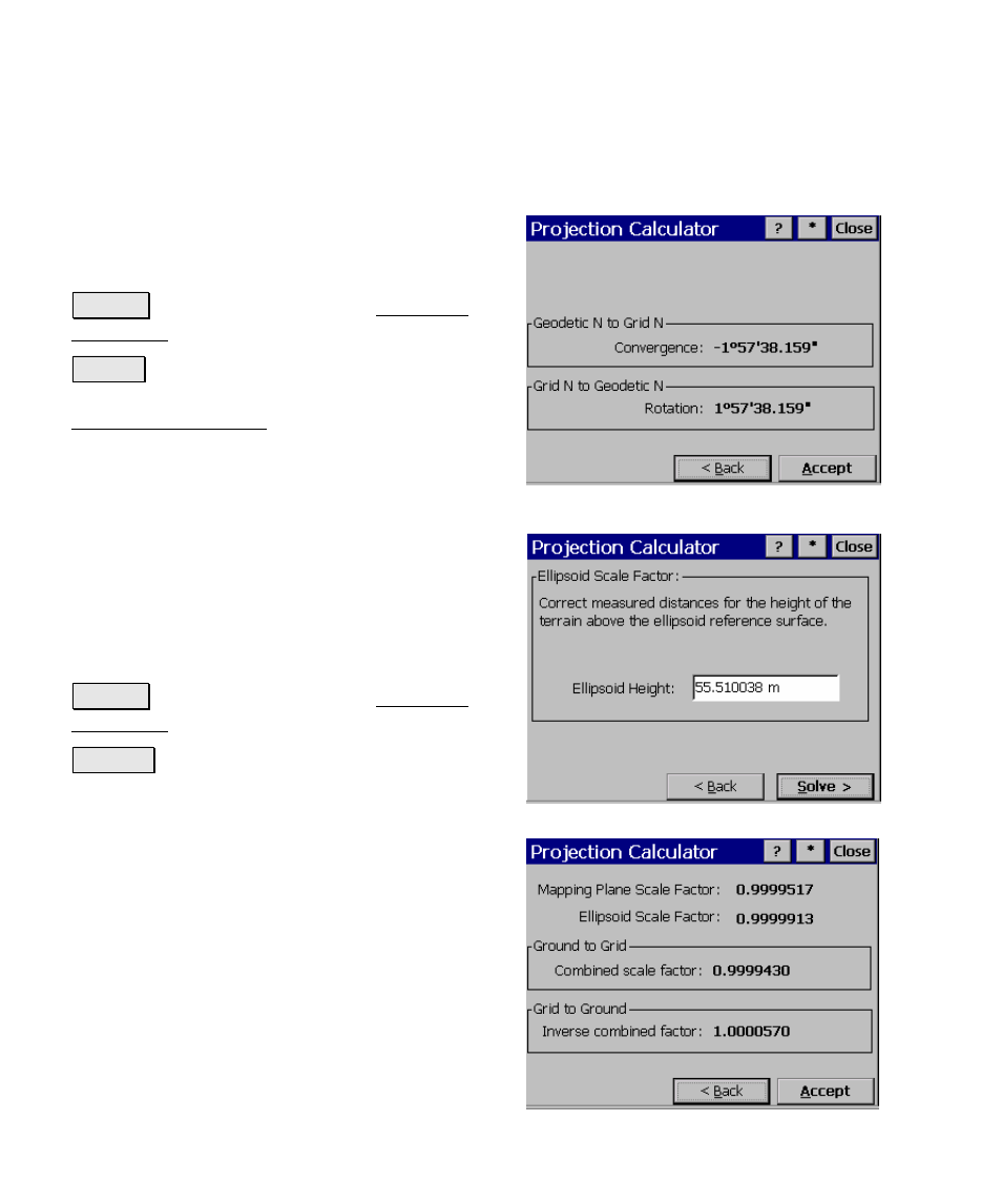 Projection calculator – rotation, Projection calculator – scale – height correction, Projection calculator – scale | Spectra Precision Survey Pro v4.5 Ranger Reference Manual User Manual | Page 250 / 475