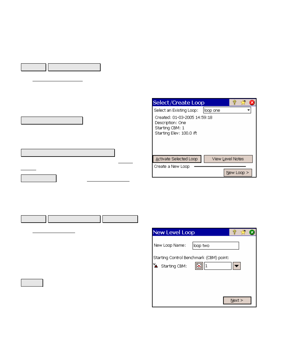 Select/create loop, New level loop | Spectra Precision Survey Pro v4.5 Ranger Reference Manual User Manual | Page 266 / 475