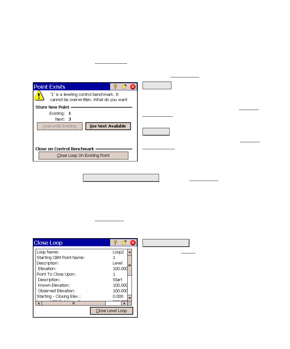 Point exists, Close loop | Spectra Precision Survey Pro v4.5 Ranger Reference Manual User Manual | Page 275 / 475