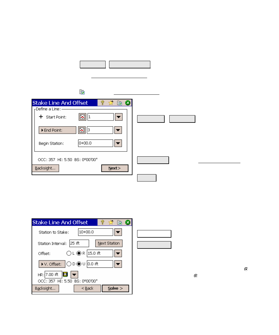 Stake line and offset, Stake line and offset – screen two, File management | Spectra Precision Survey Pro v4.5 Ranger Reference Manual User Manual | Page 311 / 475