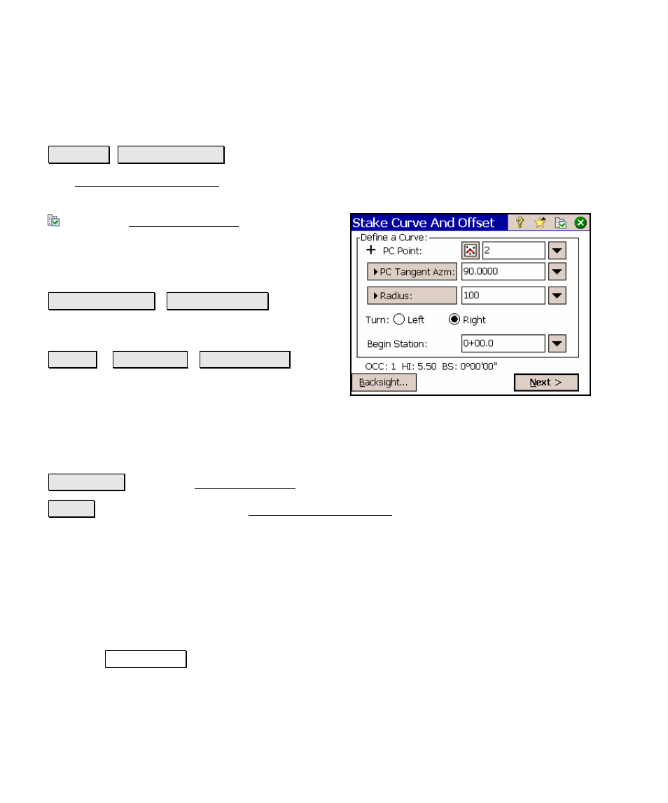 Stake curve and offset, Curve and offset – screen two, Leveling menu | Spectra Precision Survey Pro v4.5 Ranger Reference Manual User Manual | Page 314 / 475