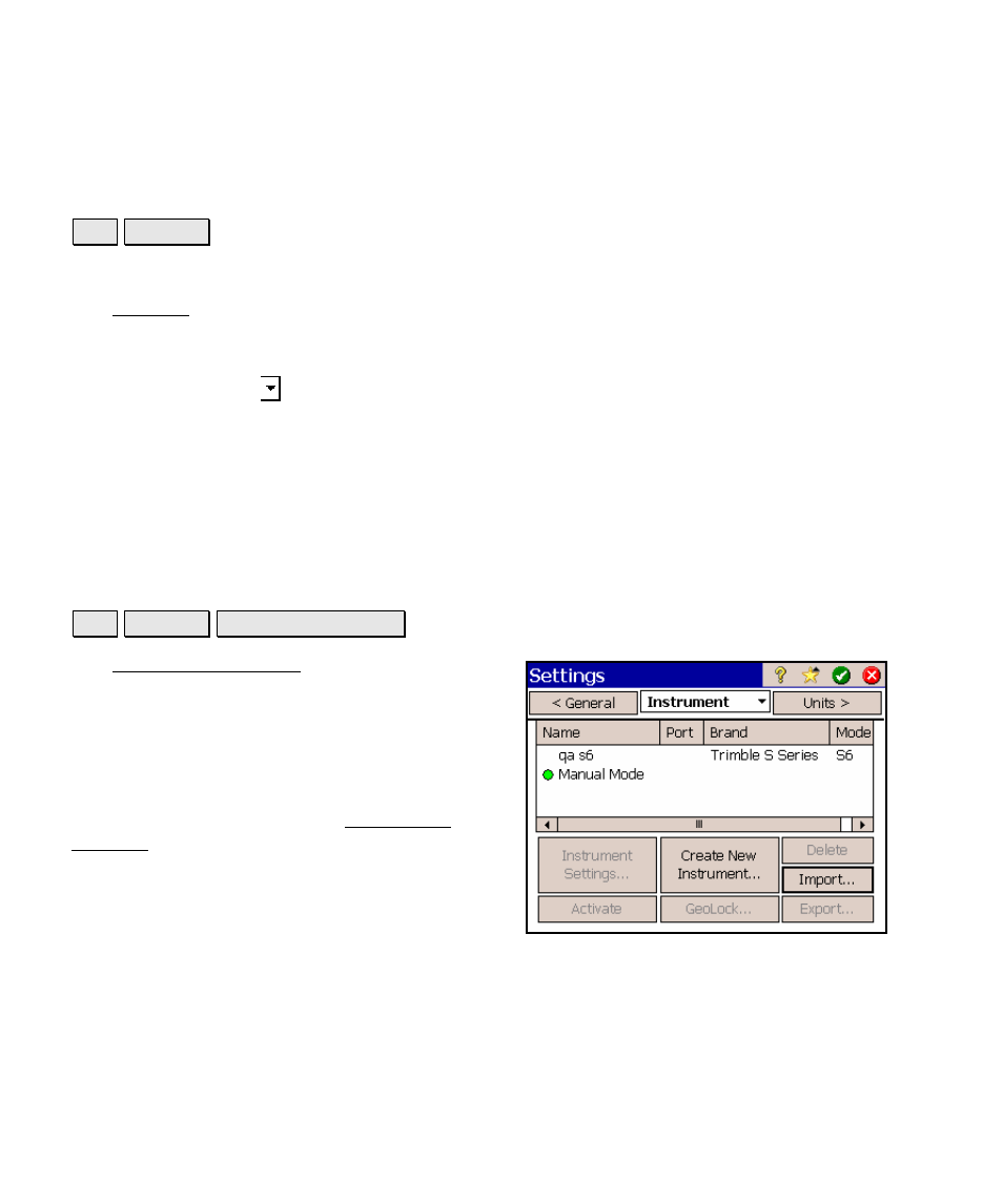 Settings, Instrument settings | Spectra Precision Survey Pro v4.5 Ranger Reference Manual User Manual | Page 44 / 475