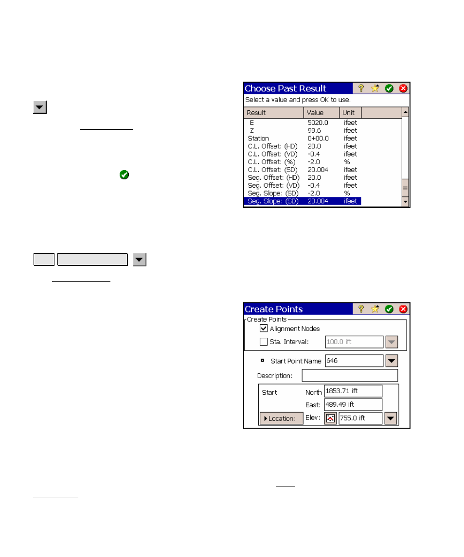 Past results, Create points screen, Add/edit templates edit alignments | Spectra Precision Survey Pro v4.5 Ranger Reference Manual User Manual | Page 448 / 475