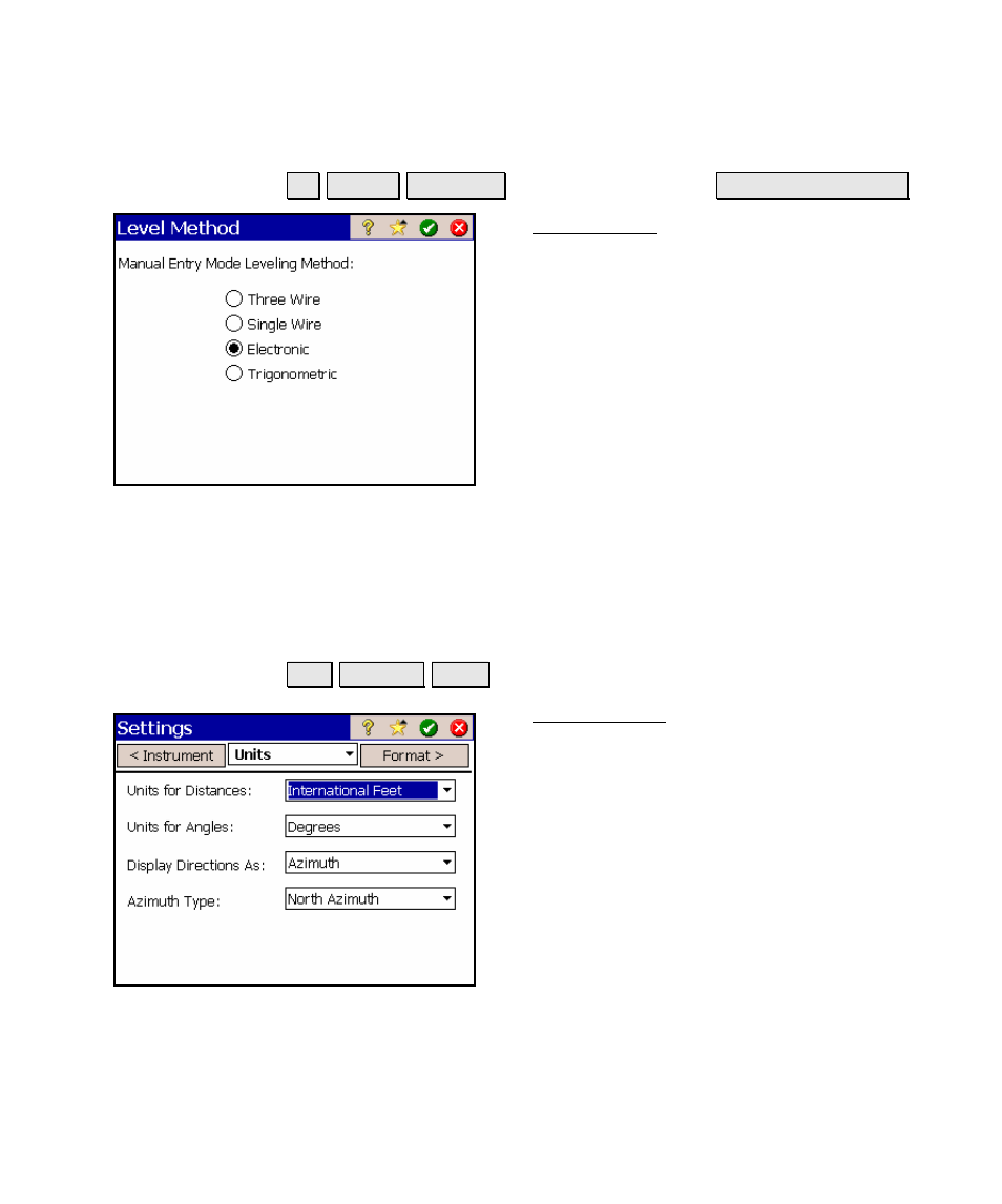 Units settings, Level method | Spectra Precision Survey Pro v4.5 Ranger Reference Manual User Manual | Page 49 / 475