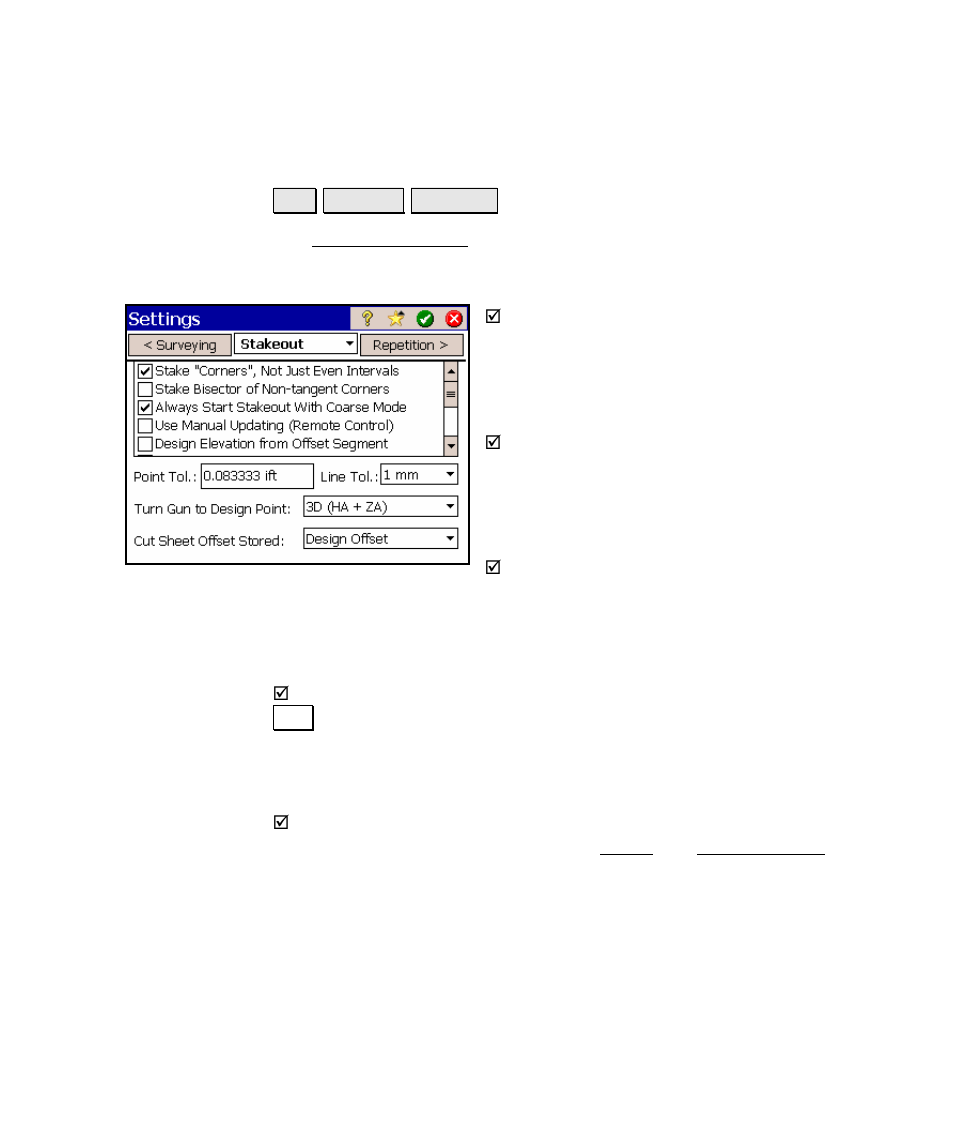 Stakeout settings | Spectra Precision Survey Pro v4.5 Ranger Reference Manual User Manual | Page 55 / 475