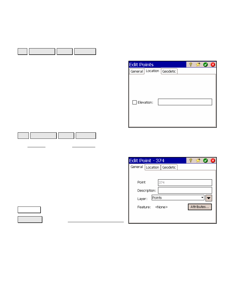 Edit multiple points – location, Edit point – general | Spectra Precision Survey Pro v4.5 Ranger Reference Manual User Manual | Page 68 / 475