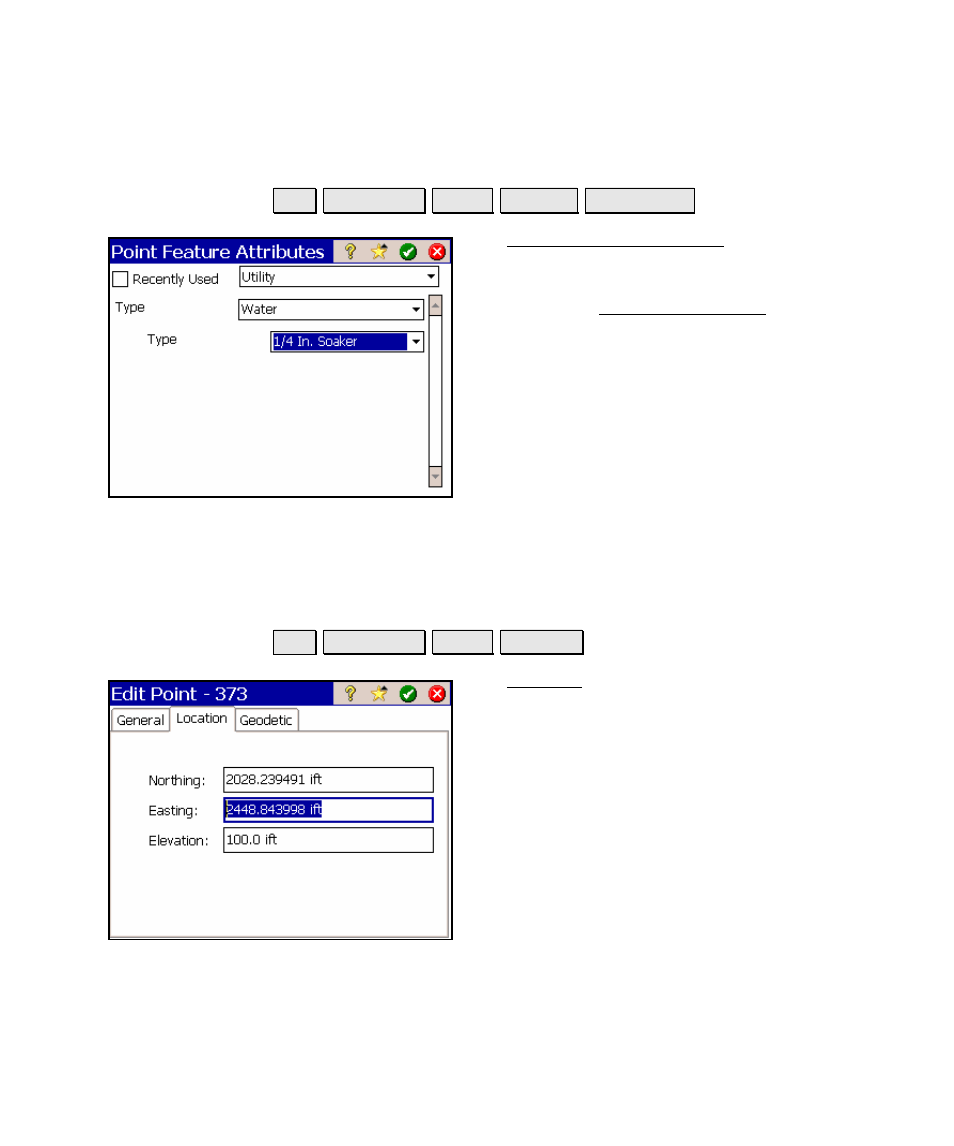 Point feature attributes, Edit point – location | Spectra Precision Survey Pro v4.5 Ranger Reference Manual User Manual | Page 69 / 475