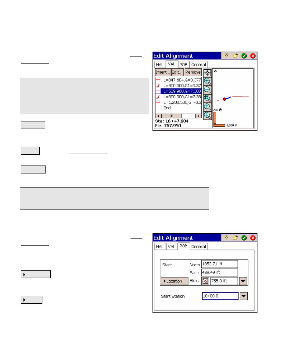 Edit alignment screen – val tab, Edit alignment screen – pob tab | Spectra Precision Survey Pro v4.5 Ranger Reference Manual User Manual | Page 78 / 475