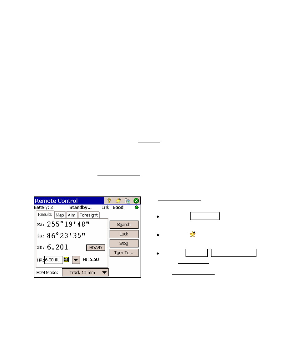 Remote control, The remote control screen, On settings screen | On shots screen | Spectra Precision Survey Pro v4.5 Ranger User Manual User Manual | Page 141 / 339